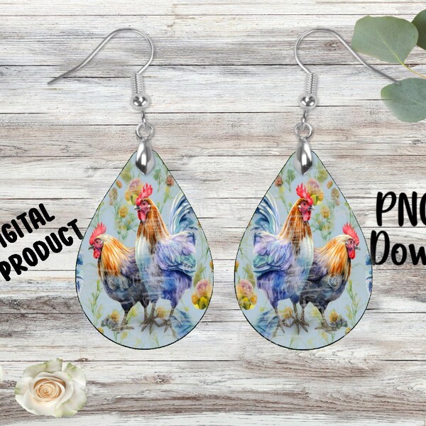 Roosters Chickens - Sublimation Earring Designs Template - PNG - Instant Digital Download