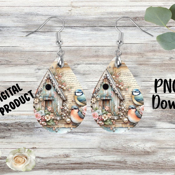Spring Birds and Birdhouse - Sublimation Earring Designs Template - PNG - Instant Digital Download