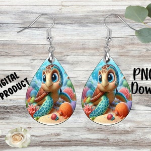 May include: A pair of dangle earrings featuring a cartoon turtle with blue and green shell, surrounded by coral and sea life. The earrings are silver and have a teardrop shape.
