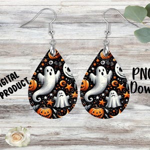 Fantasma e Abóboras de Halloween - Modelo para Brincos por Sublimação - PNG - Download Digital Instantâneo