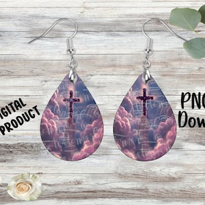 May include: Teardrop-shaped earrings with a cross design against a backdrop of purple clouds. The earrings have silver hooks and the text "DIGITAL PRODUCT" and "PNG File Download" are visible.