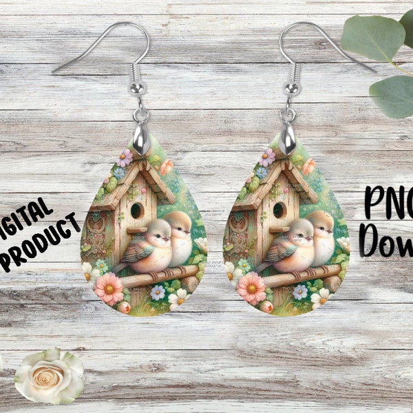 Spring Birds and Birdhouse - Sublimation Earring Designs Template - PNG - Instant Digital Download