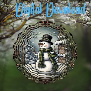 May include: A layered, circular ornament featuring a snowman in a winter scene. The snowman wears a black top hat, green scarf, and has a carrot nose. The ornament has the text "Digital Download" in blue script at the top.