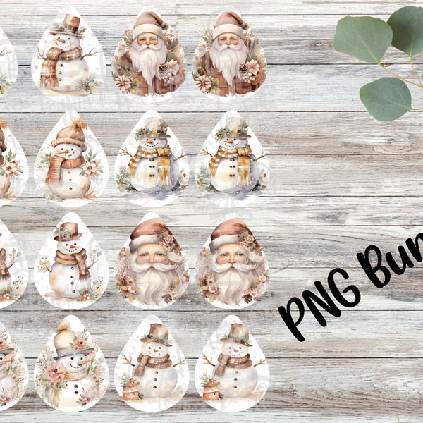 8 Plantilla de diseños de pendientes de sublimación PNG, Descarga digital instantánea, Imprimible - Muñecos de nieve de Papá Noel beige