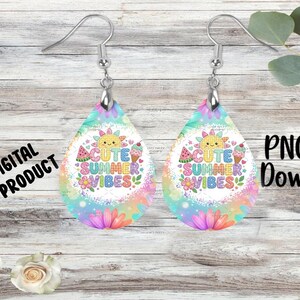 May include: Teardrop earrings with a colourful summer design. The earrings feature a smiling sun, watermelon, and ice cream cone, with the text "Cute Summer Vibes". The earrings are on a wooden background.