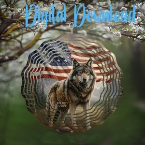 May include: A metal wind spinner featuring a wolf standing in front of an American flag. The wolf is brown and gray with a white chest. The flag is red, white, and blue. The wind spinner has a circular shape with multiple layers of metal.