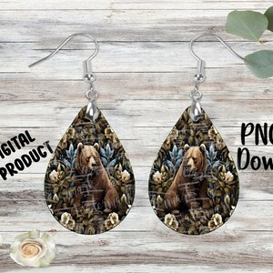 Bear and Flowers - Sublimation Earring Designs Template - PNG - Instant Digital Download