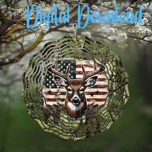 May include: A decorative metal wind spinner featuring a deer head with antlers, set against an American flag design. The spinner is surrounded by a camouflage pattern and the text "Digital Download" is visible at the top.
