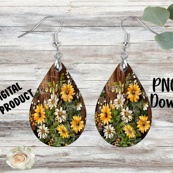 Sunflowers Distressed Wood - Sublimation Earring Designs Template - PNG - Instant Digital Download