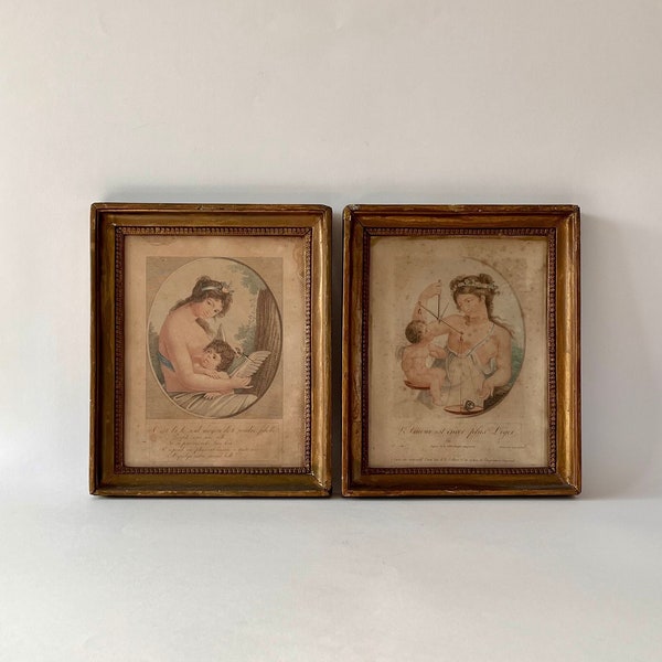 2 Antique Engravings, 18th Century with Gilded Wooden Frame