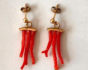 Antique Golden Earrings with Coral, Handcrafted Italian Goldsmith Work From Around 1900