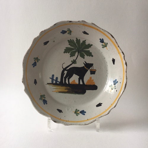 Antique 18th Century French Faience Nevers Plate with shops Dog