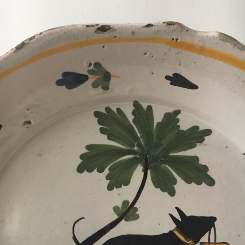 Antique 18th Century French Faience Nevers Plate with shops Dog