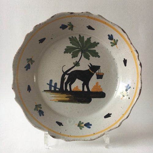 Antique 18th Century French Faience Nevers Plate with shops Dog