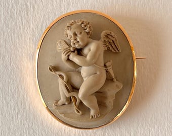 Antique, 19th C,  Lavastone Cameo Brooch in Golden Frame