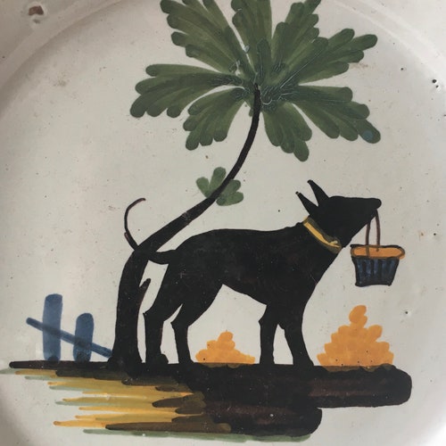 Antique 18th Century French Faience Nevers Plate with shops Dog