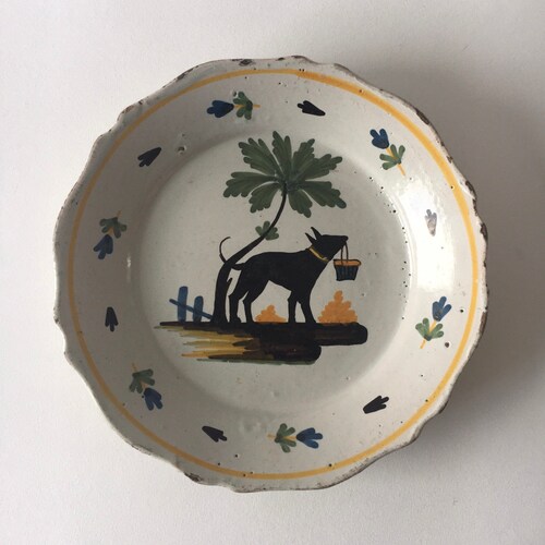 Antique 18th Century French Faience Nevers Plate with shops Dog