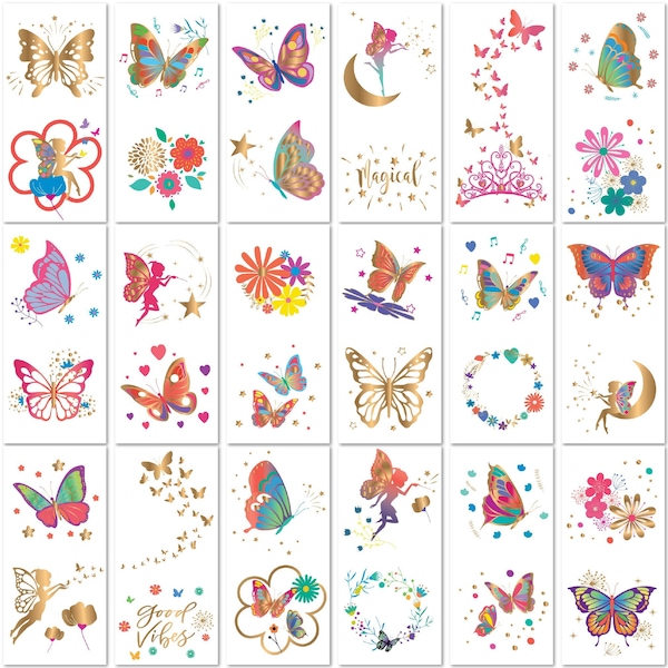 PapaKit Metallic Gold Butterflies & Fairies 36 Temporary Fake Tattoo Set, 18 Individually Wrapped Sheets, Kids Birthday Party Favor