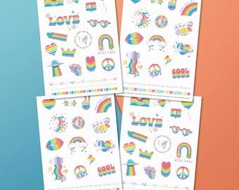 Kids Temporary Tattoos - 4 Sheets 35 Styles Metallic Silver Foil & Multicolor Rainbows and Kisses Designs