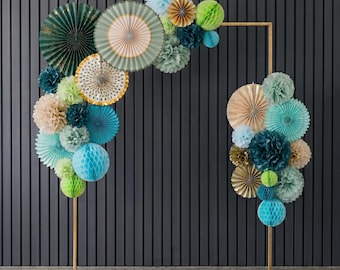 Sage Green Party Paper Decoration Set - 26pc Mixed Texture Tissue Paper Pom Poms, Honeycomb Balls & Hanging Fans Backdrop