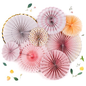 PapaKit Paper Fans Party Wall Decoration Set  (Sparkling Pink Rose Blush with Metallic Gold Accent, Set of 8)