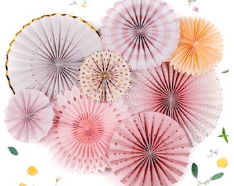 PapaKit Paper Fans Party Wall Decoration Set  (Sparkling Pink Rose Blush with Metallic Gold Accent, Set of 8)