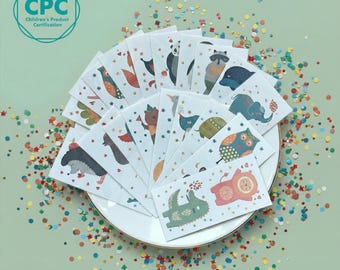 Colorful Zoo Animal Temporary Tattoos – 36 Hand-Drawn Designs, 18 Individually Wrapped Sheets