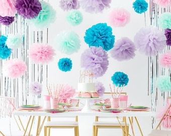 PapaKit Tissue Pom Pom & Paper Flower Set – 20 Piece Party Décor for Birthday, Baby Shower (Mermaid Purple)