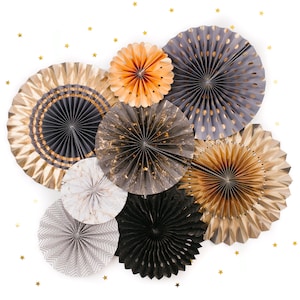 PapaKit Paper Fans Party Wall Decoration Set (Charcoal & Gala Blue with Metallic Gold, Set of 8)