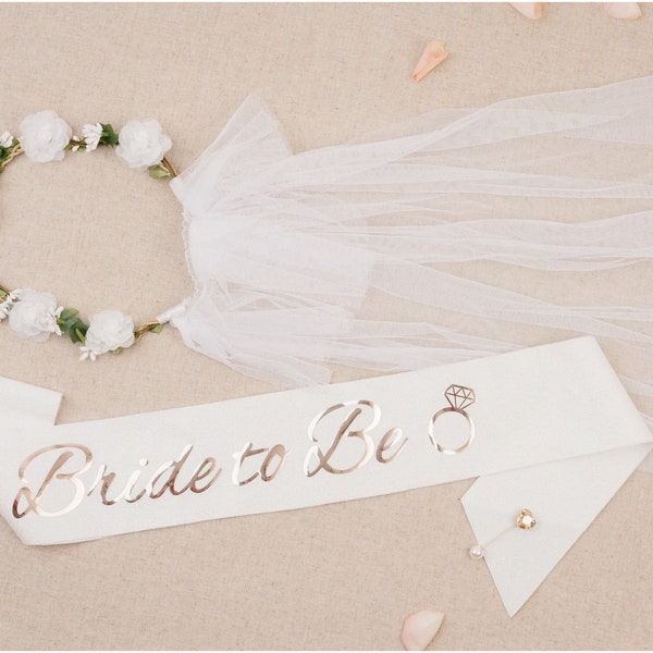 Sparkling Pearl White Bride to Be Bachelorette Party Sash, Floral Veil & Jewelry Pin Set