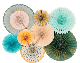 PapaKit Paper Fans Party Wall Decoration Set (Sage Green with Metallic Gold Accent, Set of 8)
