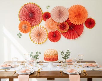 Orange with Metallic Gold Accent  8-Piece Hanging Paper Fan Party Decoration Set