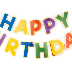 Happy Birthday Party Bunting Banner: Bright and Bold Colors with Gold Border
