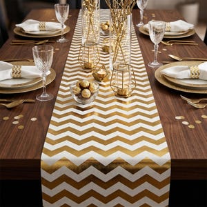 Custom Length Gold Chevron Table Runner - Metallic Sparkle Foil Decor for Weddings, Holiday Party, Graduation, & Elegant Tablescape