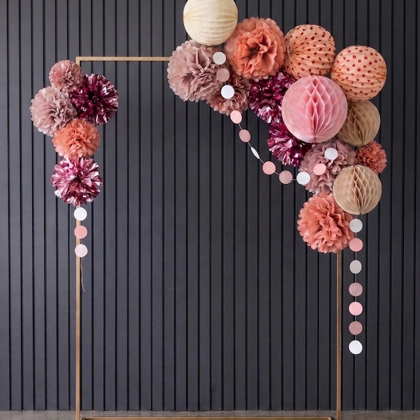 Dusty Rose Bloom Party Paper Decoration Set -  16pc Mixed Texture Tissue Paper Pom Poms, Honeycombs, and Accordion Lanterns