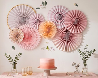 Blush Pink with Metallic Gold 8-Piece Hanging Paper Fan Party Decoration Set