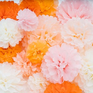 May include: A collection of colorful paper pom-poms in shades of orange, peach, pink, and white. These decorative flowers are arranged closely together, creating a vibrant and textured display, perfect for party decorations.