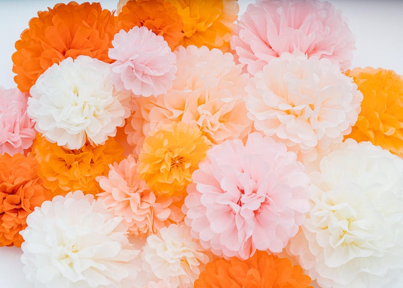 May include: A collection of colorful paper pom-poms in shades of orange, peach, pink, and white. These decorative flowers are arranged closely together, creating a vibrant and textured display, perfect for party decorations.
