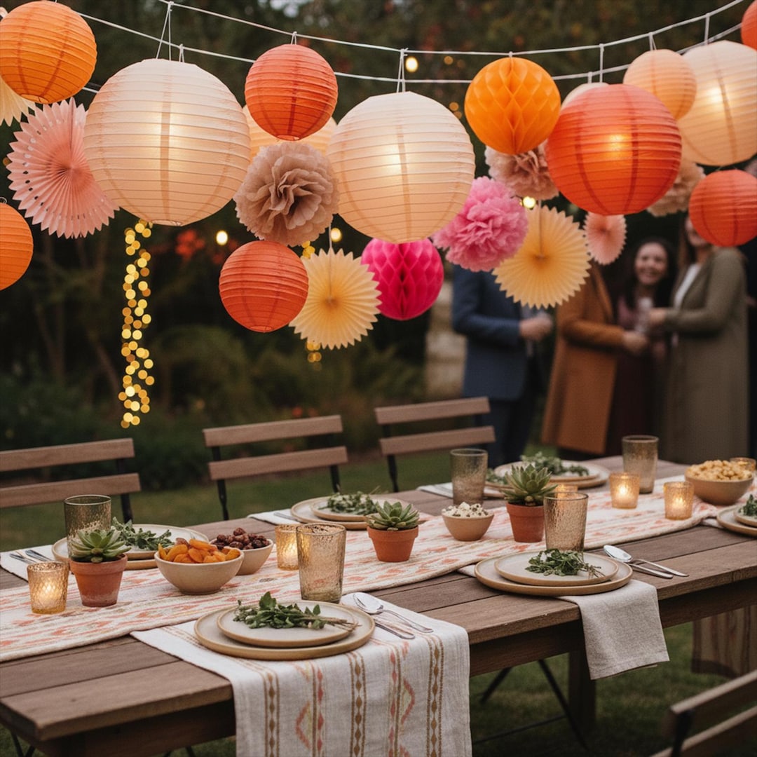 KunpengZen Decoration Fete Lot de 12 Fleurs Papier 16PCS Fanions, Festival Guirlande Décorations D'éventails en Papier Beige, Rose Clair, Orange Jaunes pour Anniversaires Mariages