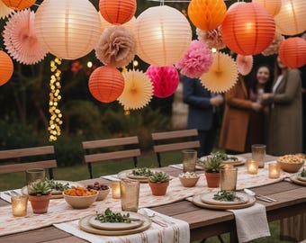 Bright Orange Party Decoration Set: Lanterns, Pom Poms, Honeycombs, Paper Fans (24 Pieces)