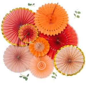 PapaKit Paper Fans Party Wall Decoration Set (Bright Orange Bloom with Metallic Gold Accent, Set of 8)