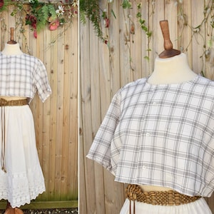 Vintage Check Cropped Boyfriend Shirt | Boho Reworked Vintage Shirt | Vintage T-Shirt | Short Sleeved Summer Top | 1980s Top | Size 8-14