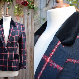 Red & Black Boucle Check Wool Blazer with Velvet Collar 1980's