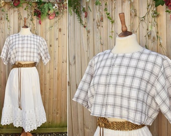 Vintage Check Cropped Boyfriend Shirt | Boho Reworked Vintage Shirt | Vintage T-Shirt | Short Sleeved Summer Top | 1980s Top | Size 8-14