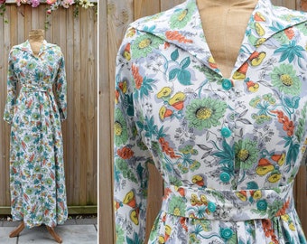 1940s Floral Tropical Print Housecoat / Vestido multicolor