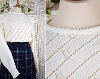 Vintage 90s Cream White Knitted Sweater | Vintage Christmas Jumper | Size Medium