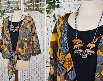 African Inspired Geometric Multicoloured Casual Tie Front Top | Vintage Deadstock | Loose Fit Top | Safari Top | Size 14