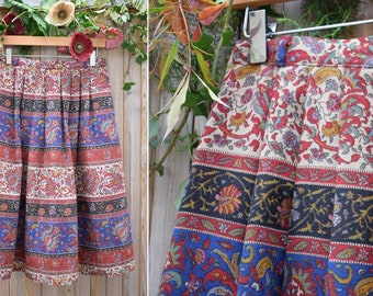 St Michael Burgundy Blue Paisley Midi Skirt | 1980s