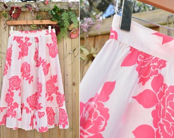 Pink White 1970s Floral Peasant Skirt | Midi Summer Skirt | 26" Waist Skirt Approx Size 10 | Flounced Tiered Skirt