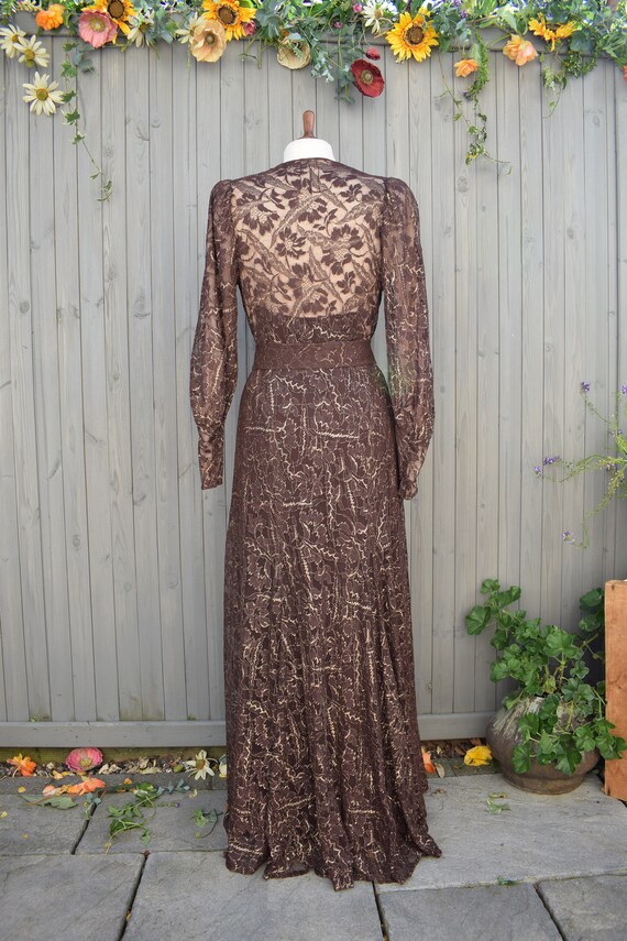 1920s 1930s Brown Gold Lace Crepe Pussybow Maxi D… - image 8